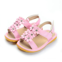 Solid Pink Small Flowers Baby Squeaky Sandals with Shining Stones